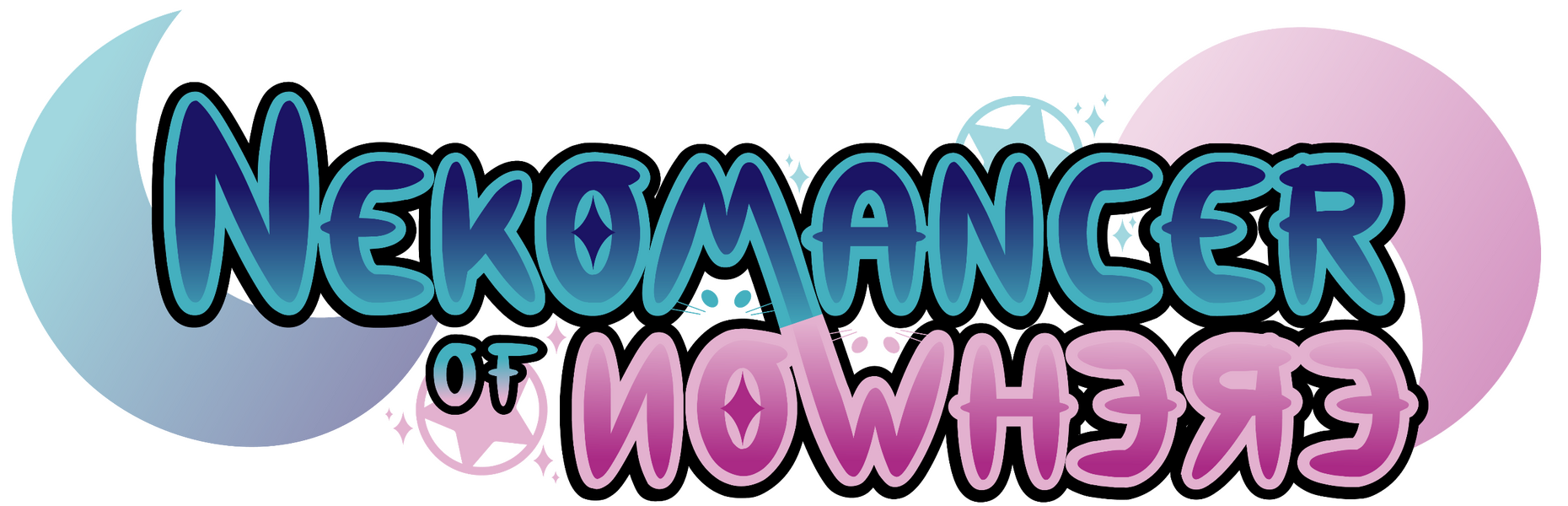 Nekomancer of Nowhere logo. Colored blue and pink, both colors using a light-to-dark gradient. Two cat faces, one right-side up and upside-down, stare from between the words "Nekomancer" and "Nowhere".