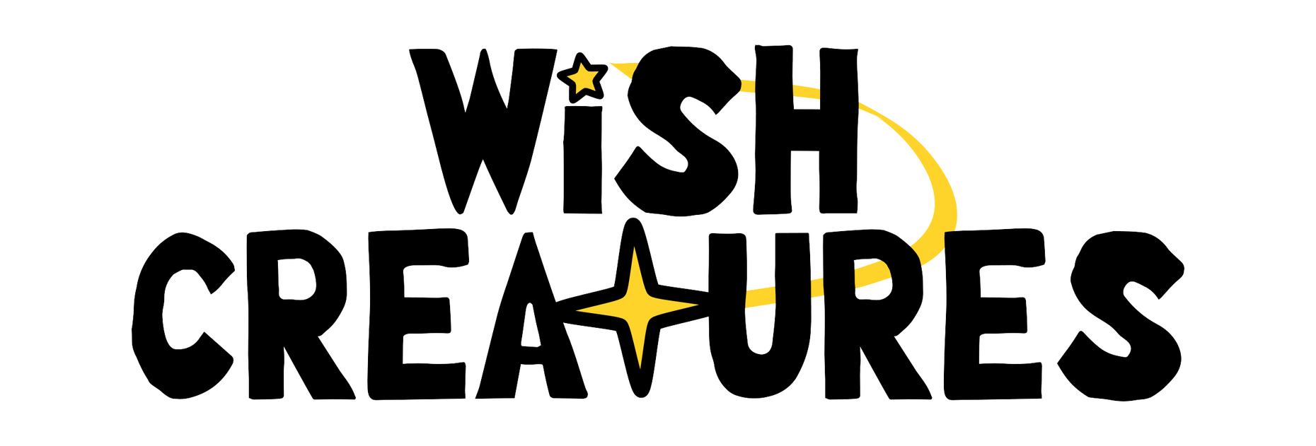 Wish Creatures logo. A simple bold, black and white, playful font with the dotted i and t represented with yellow stars.